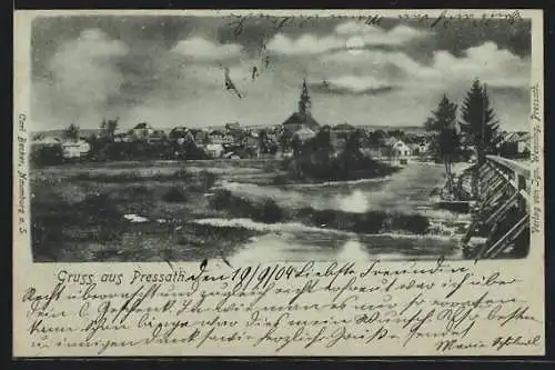 Mondschein-AK Pressath, Ortsansicht mit Flusspartie