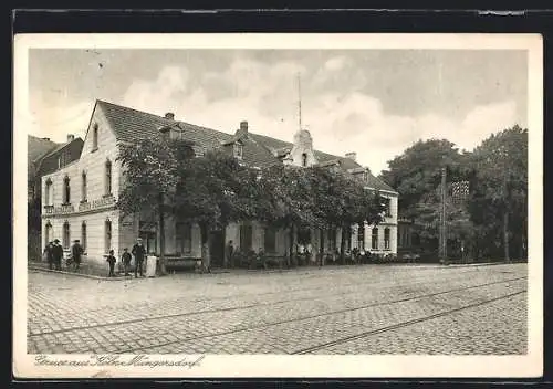AK Köln-Müngersdorf, Cafe-Restaurant H. Schumacher mit Gästen, Am Stadion