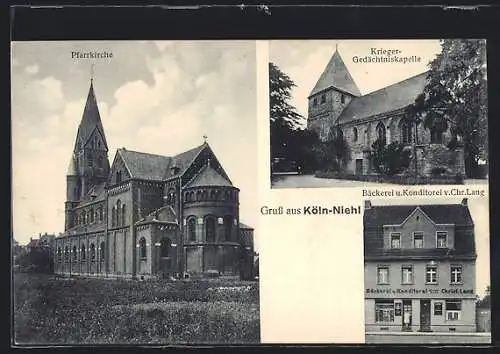 AK Köln-Niehl, Bäckerei und Konditorei von Chr. Lang, Krieger-Gedächtniskapelle, Pfarrkirche
