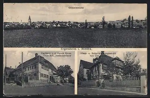 AK Ergersheim i. Mittlfrk., Gasthaus zum goldenen Kreuz, Eisen- und Kolonialwarengeschäft von Chr. Dehm, Gesamtansicht