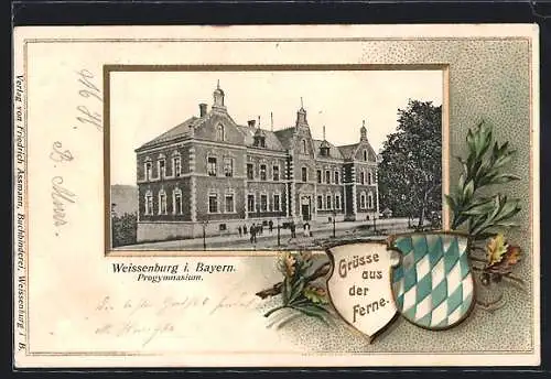 Passepartout-Lithographie Weissenburg i. Bayern, Progymnasium, Wappen