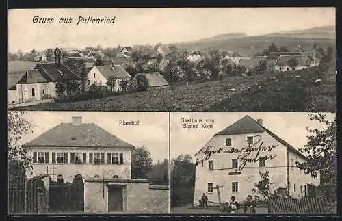 AK Pullenried, Gasthaus von Simon Kopf, Pfarrhof, Teilansicht mit Kirche