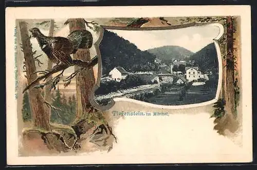 Passepartout-Lithographie Tiefenstein im Albthal, Ortspartie, Auerhahn auf einem Ast