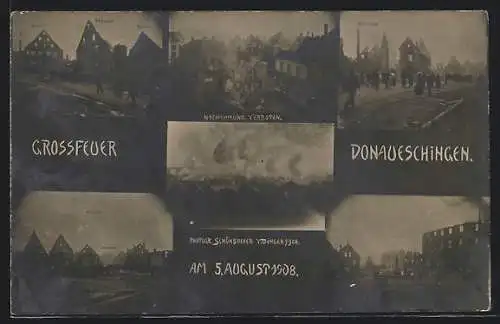 AK Donaueschingen, Grossfeuer 1908, Gasthaus Alte Krone, Gasthaus zur Linde, Hotel Adler