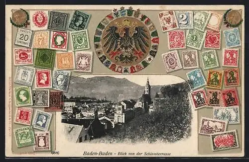 AK Baden-Baden, Blick von der Schlossterrasse, versch. Briefmarken, Wappen