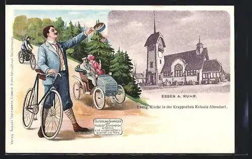 AK Essen a. Ruhr, Evangelische Kirche in der Krupp`schen Kolonie Altendorf, Radfahrer