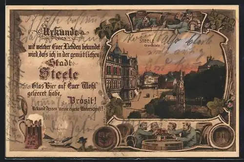 AK Steele, Grendplatz mit Denkmal, Urkunde, Passepartout