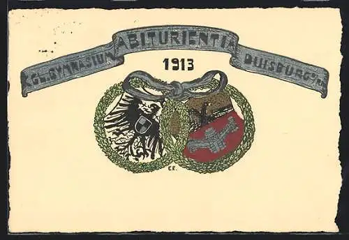 Künstler-AK Duisburg a. Rh., Königliches Gymnasium Abiturientia 1913, Wappen, Absolvia
