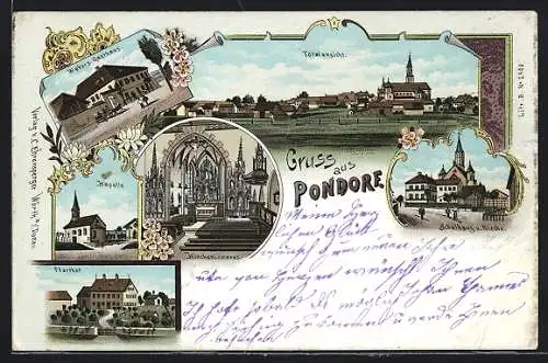 Lithographie Pondorf / Donau, Webers Gasthaus, Schulhaus u. Kirche, Kapelle