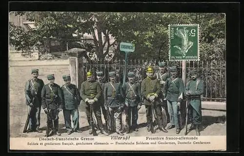 AK Franz. Soldaten und Gendarmen und deutsche Gendarmen an der deutsch-französischen Grenze
