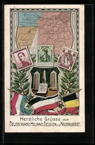 AK Grenze zwischen Deutschland, Belgien und Holland, Briefmarken