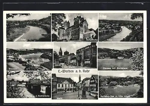 AK Werden a. d. Ruhr, Abteikirche, Stausee mit Bootshaus, Baldeney-See mit Villa Hügel