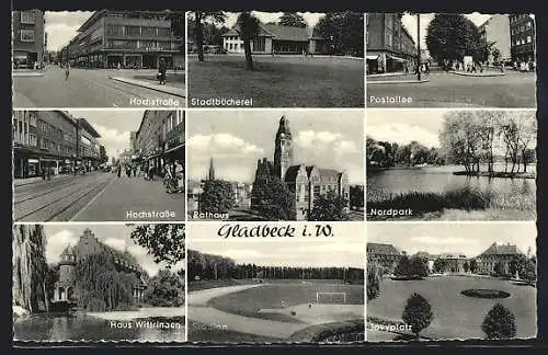 AK Gladbeck i. W., Haus Wittringen, Hochstrasse, Jovyplatz und Stadion