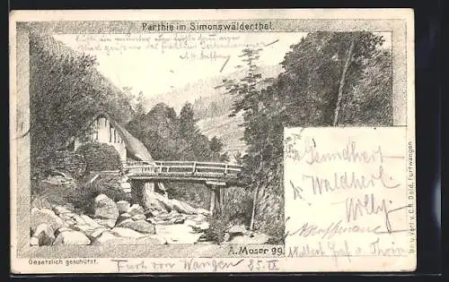 AK Furtwangen, Simonswälderthal, Bach mit Brücke im Wald