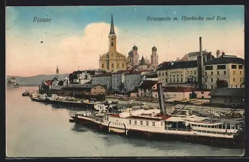 AK Passau, Donaupartie m. Pfarrkirche und Dom