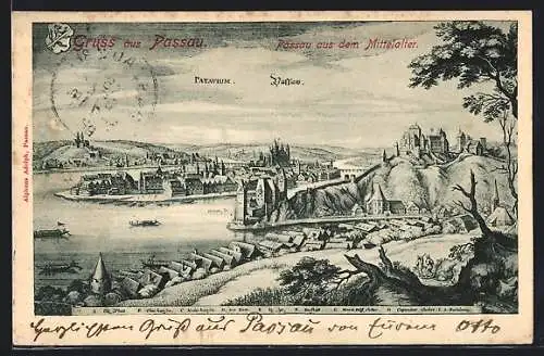 Künstler-AK Passau, Passau aus dem Mittelalter