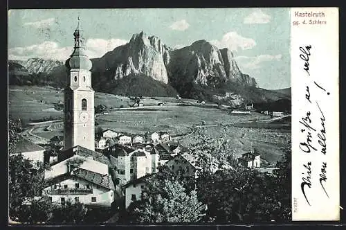 AK Kastelruth, Ortsansicht gegen den Schlern