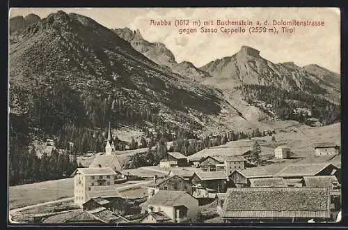 AK Arabba, Teilansicht mit Buchenstein a. d. Dolomitenstrasse gegen Sasso Capello