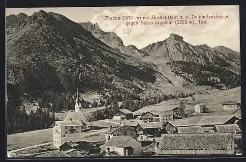 AK Arabba, Teilansicht mit Buchenstein a. d. Dolomitenstrasse gegen Sasso Capello