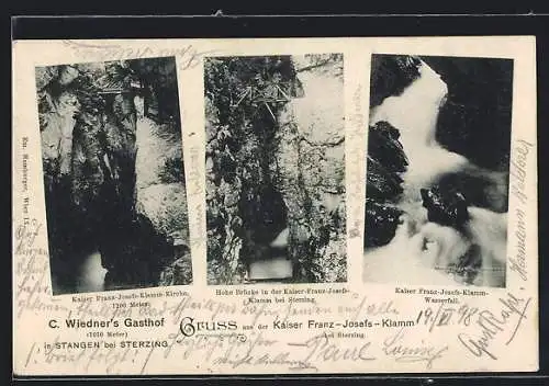 AK Stangen bei Sterzing, Gasthof C. Wiedner, Kaiser Franz-Josefs-Klamm-Kirche, Hohe Brücke, Wasserfall