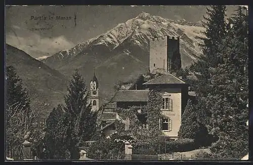 AK Meran, Panorama mit Pension und Turm