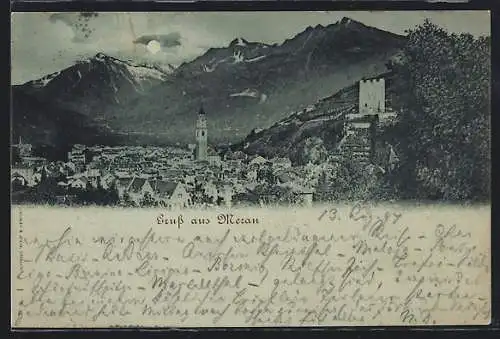 Mondschein-AK Meran, Panorama mit Kirche