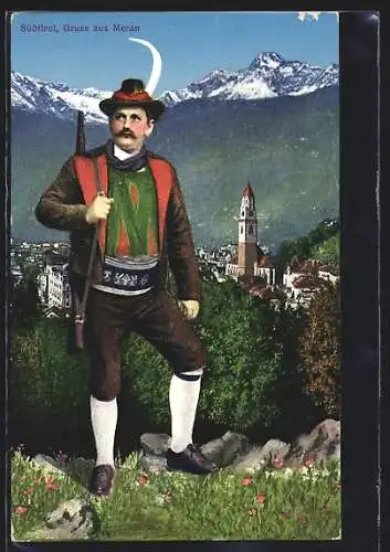 AK Meran / Südtirol, Ortsansicht, Tiroler mit Jagdgewehr, Alpenpanorama