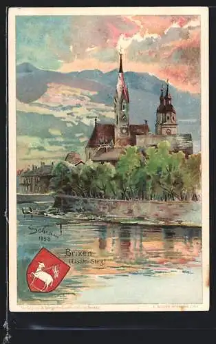 Lithographie Brixen, Partie am Eisack-Steig mit Blick zur Kirche