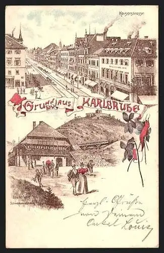 Lithographie Karlsruhe, Kaiserstrasse, Lauterberg, Gasthaus Schwarzwaldhaus