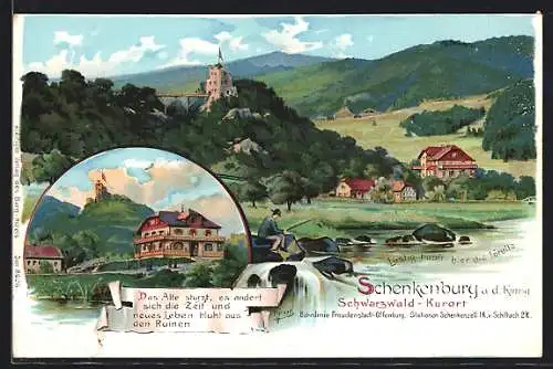 Lithographie Schenkenburg / Kinzig, Ortsansichten mit Burgruine