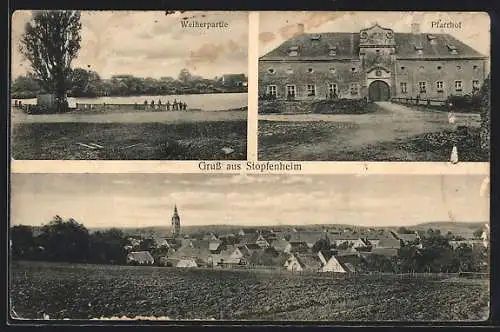 AK Stopfenheim, Pfarrhof, der Weiher, Gesamtansicht vom Feld aus