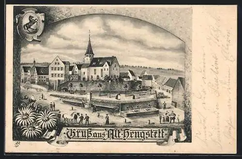 Künstler-AK Alt-Hengstett, Ortsansicht mit der Kirche
