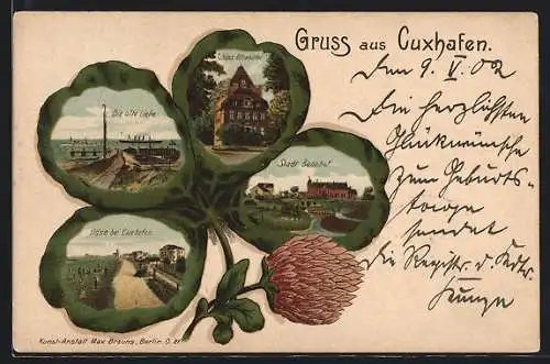 Passepartout-Lithographie Cuxhaven, Bahnhof, Schloss Ritzebüttel, Döse, Die alte Liebe, Ansichten im Kleeblatt