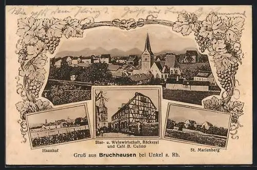AK Bruchhausen bei Unkel, Gasthaus, Bäckerei und Café B. Culino, Haanhof, St. Marienberg, Ortsansicht mit Kirche