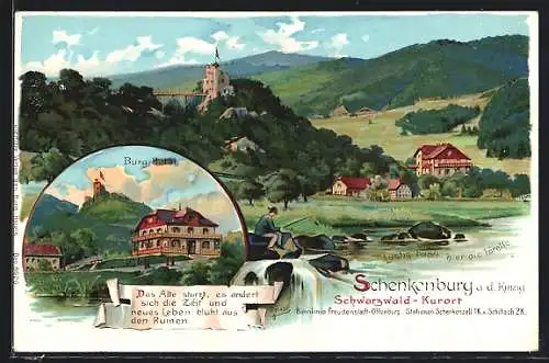 Lithographie Schenkenburg / Kinzig, Ortsansichten mit Burgruine