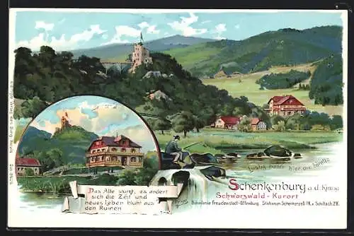 Lithographie Schenkenburg / Kinzig, Ortsansichten mit Burgruine