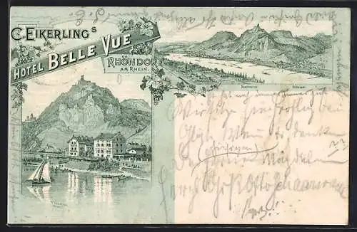 Lithographie Rhöndorf /Rh., Hotel Bellevue, Ortsansicht mit Rhein und Umgebung