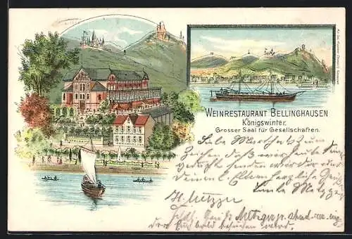 Lithographie Königswinter, Gasthaus Weinrestaurant Bellinghausen mit Rhein und Burgen, Ortspanorama mit Dampfer