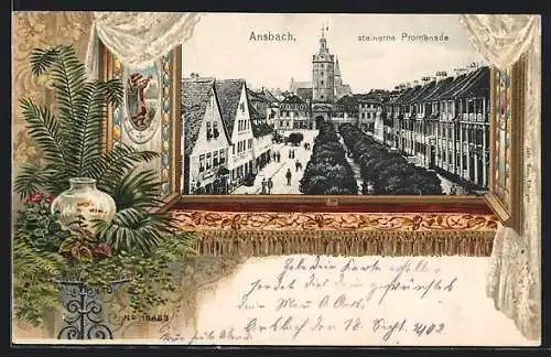 Passepartout-Lithographie Ansbach, Strasse Steinerne Promenade aus der Vogelschau, Fensterrahmen, Goldfischglas