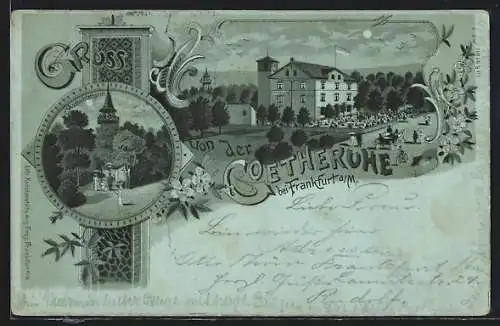 Mondschein-Lithographie Frankfurt-Sachsenhausen, Gaststätte Goetheruhe mit Strasse aus der Vogelschau, Aussichtsturm