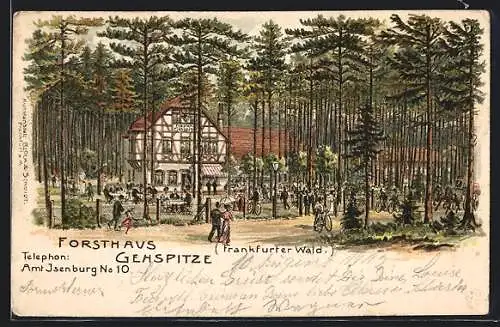 Lithographie Neu-Isenburg, Gasthaus Forsthaus Gehspitze im Frankfurter Wald