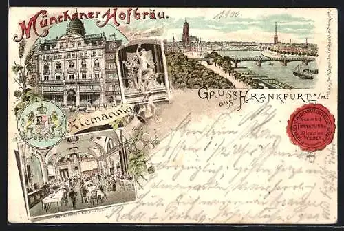 Lithographie Frankfurt a. M., Gasthaus Münchener Hofbräu / Alemannia, Hebe-Statue, Saal, Wappen, Ortsansicht