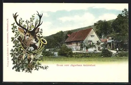 AK Ebersbach / Fils, Gasthof Jägerhaus Antonslust mit Umgebung, Hirschkopf