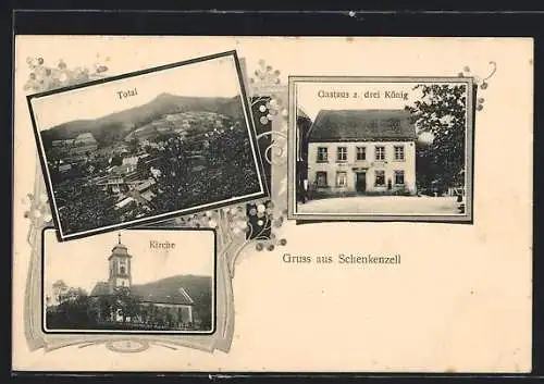 AK Schenkenzell, Gasthaus z. drei König, Kirche, Totalansicht