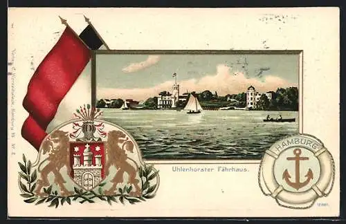 Passepartout-Lithographie Hamburg-Uhlenhorst, Gasthof Uhlenhorster Fährhaus mit Booten, Wappen