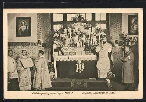 AK Mainz, Offiziergefangenen-Lager, Kapelle, Kath. Altar, Messe