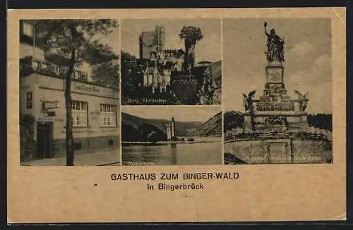 AK Bingerbrück, Gasthaus zum Binger-Wald, Burg Rheinstein, National-Denkmal Rüdesheim