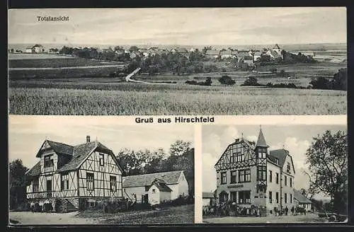 AK Hirschfeld / Hunsrück, Gasthaus, Hotel, Ortsansicht von oben
