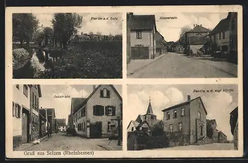 AK Selzen /Rheinhessen, Kaiserstrasse, Gaustrasse, Ortspartie a. d. ev. Kirche