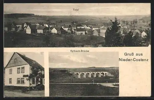 AK Nieder-Costenz, Geschäftshaus, Kyrbach-Brücke, Totalansicht von oben
